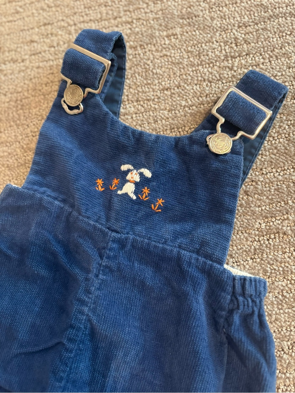 Vintage Blue Corduroy Overalls with Bunny Embroidery